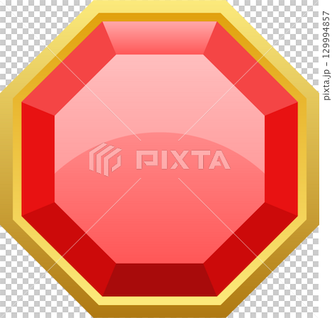 A red, octagon-shaped gem with a shiny surface is set within a gold-colored frame on a black background A red, octagon-shaped gem with a shiny surface is set within a gold-colored frame on a black background 129994857