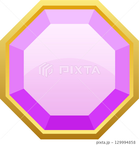 Illustration of a pink, octagon-shaped jewel encased in a gold setting, isolated on black. Illustration of a pink, octagon-shaped jewel encased in a gold setting, isolated on black. 129994858