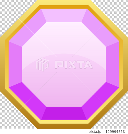 Illustration of a pink, octagon-shaped jewel encased in a gold setting, isolated on black. Illustration of a pink, octagon-shaped jewel encased in a gold setting, isolated on black. 129994858
