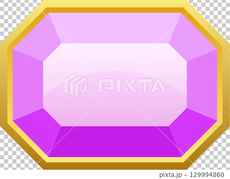 A dazzling octagon-shaped amethyst gemstone with a golden bezel, radiating light and beauty. 129994860