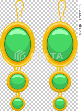 Pair of dangling earrings with gold frames and green gem stones, with hook closure mechanism. Pair of dangling earrings with gold frames and green gem stones, with hook closure mechanism. 129994869
