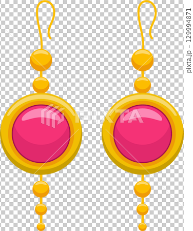 Elegant gold earrings with pink gemstones and beadwork dangles, jewelry fashion accessory. 129994871