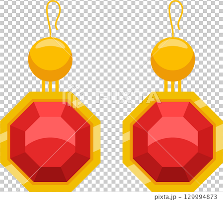 A pair of golden earrings, each featuring a central, red gemstone in an octagonal setting. 129994873