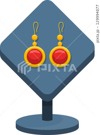 Pair of gold and red earrings displayed on a blue jewelry stand, against a black background. 129994877