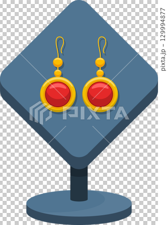 Pair of gold and red earrings displayed on a blue jewelry stand, against a black background. 129994877