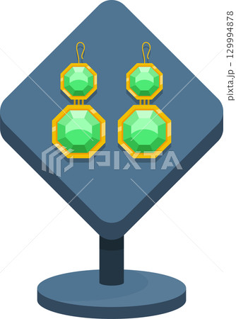 Elegant green gem earrings on a display stand, showcasing classic design and timeless beauty. 129994878
