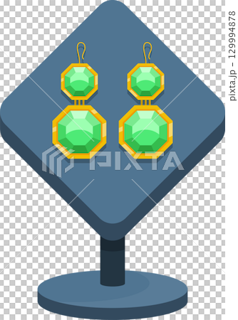 Elegant green gem earrings on a display stand, showcasing classic design and timeless beauty. 129994878