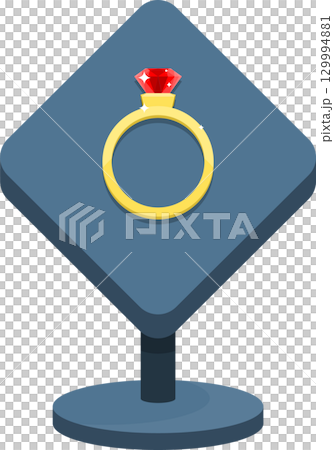 Stylized gold ring with red gem on display stand, perfect for engagement or special occasion. Stylized gold ring with red gem on display stand, perfect for engagement or special occasion. 129994881