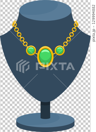 Elegant gold necklace with green gemstones on a display stand, jewelry item for retail use. Elegant gold necklace with green gemstones on a display stand, jewelry item for retail use. 129994882