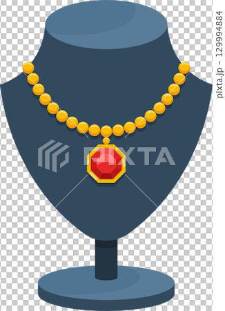 Golden beaded necklace with ruby pendant displayed elegantly on a jewelry bust silhouette. Golden beaded necklace with ruby pendant displayed elegantly on a jewelry bust silhouette. 129994884