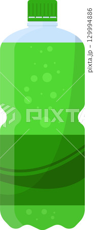 A green bottle with bubbly liquid. It has a green cap, and looks like soda or sparkling juice. 129994886
