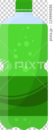 A green bottle with bubbly liquid. It has a green cap, and looks like soda or sparkling juice. 129994886