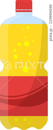 A bottle filled with yellow liquid, topped with a red lid, with a red band around the middle. 129994890