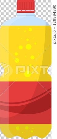 A bottle filled with yellow liquid, topped with a red lid, with a red band around the middle. 129994890