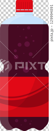 A red capped bottle filled with red fizzy beverage. The bottle is filled with small bubbles. A red capped bottle filled with red fizzy beverage. The bottle is filled with small bubbles. 129994891