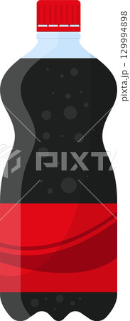 Stylized bottle of dark fizzy soda with red cap and label, vector illustration on white. 129994898