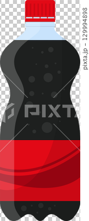 Stylized bottle of dark fizzy soda with red cap and label, vector illustration on white. 129994898