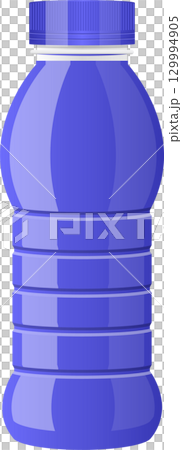 Illustrated purple plastic bottle with a ribbed body and cap, suitable for beverages or liquids. Illustrated purple plastic bottle with a ribbed body and cap, suitable for beverages or liquids. 129994905