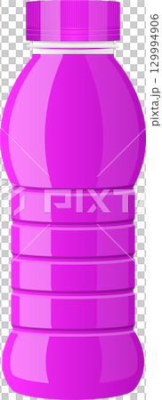 A bright pink plastic bottle with horizontal ribs on a black background. The bottle is capped. A bright pink plastic bottle with horizontal ribs on a black background. The bottle is capped. 129994906