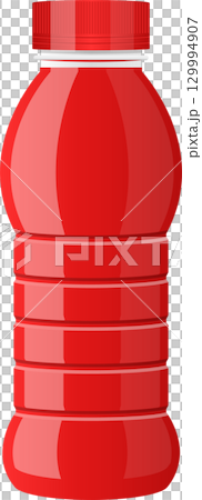 A stylized red plastic bottle on a black background. The bottle has a ribbed design. 129994907