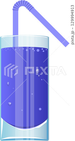 Illustration of a tall glass filled with a purple liquid with bubbles and a flexible straw. 129994913