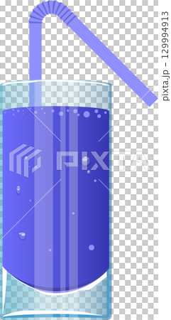Illustration of a tall glass filled with a purple liquid with bubbles and a flexible straw. 129994913