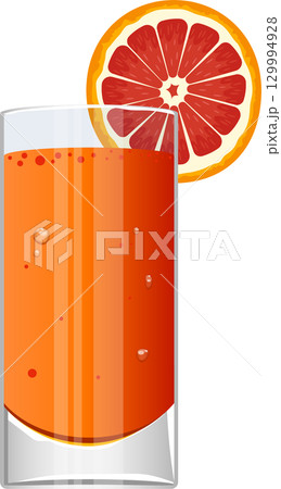 Refreshing drink with a slice of citrus fruit perched on the rim of a cool glass of juice. 129994928