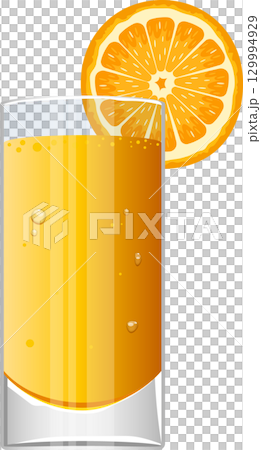 Refreshing orange juice in a glass with an orange slice, showcasing a simple and vibrant drink. 129994929