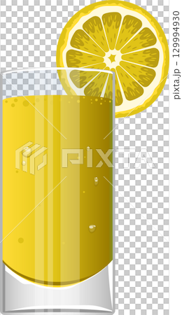Refreshing citrus beverage in a clear glass with a lemon slice garnish, sparkling bubbles. 129994930