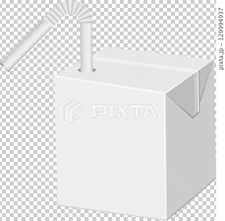 A plain white juice box with a white flexible straw inserted, angled to the left of the package. 129994937