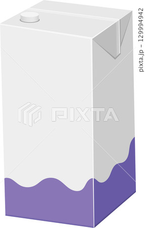 An illustration of a closed carton of a drink. The carton is white with a purple base design. 129994942