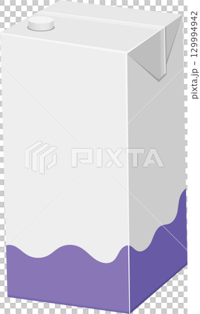 An illustration of a closed carton of a drink. The carton is white with a purple base design. 129994942