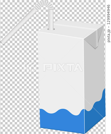 Cartoon milk or juice box with straw. Container is white and blue, over a black background. 129994946