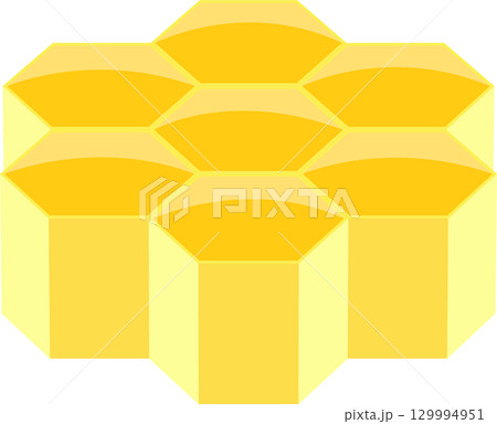 A stack of bright yellow honeycomb cells arranged in a geometrical pattern, reflecting light. A stack of bright yellow honeycomb cells arranged in a geometrical pattern, reflecting light. 129994951