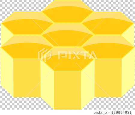 A stack of bright yellow honeycomb cells arranged in a geometrical pattern, reflecting light. 129994951