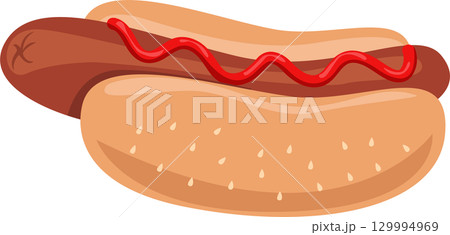 Cartoon illustration of a hotdog with ketchup on a bun with small white details on the side. 129994969
