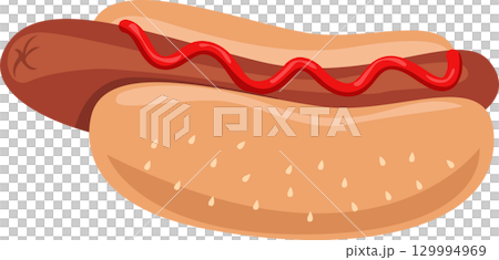 Cartoon illustration of a hotdog with ketchup on a bun with small white details on the side. 129994969