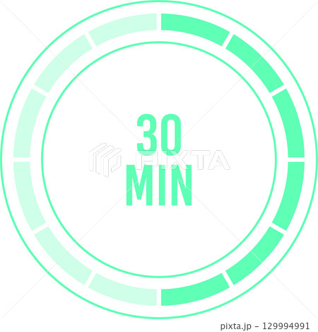 Digital illustration displaying time duration with "30 MIN" at center, and green, circular timer. 129994991