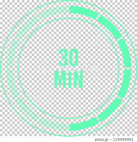 Digital illustration displaying time duration with "30 MIN" at center, and green, circular timer. 129994991