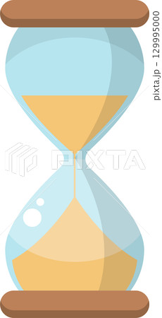 Illustration of an hourglass measuring time, with sand flowing through a glass container. 129995000
