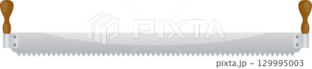 An illustration of a bucksaw, a manual cutting tool, with wooden handles and a long, toothed blade. 129995003