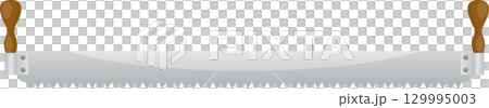 An illustration of a bucksaw, a manual cutting tool, with wooden handles and a long, toothed blade. 129995003