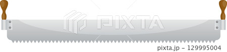 A timber saw for cutting logs and trees in carpentry with dual handles and a silver blade. 129995004