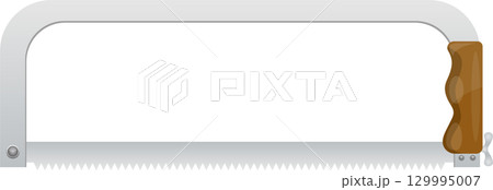 Close-up shot of a coping saw with a metal frame, toothed blade, and wooden handle against black. Close-up shot of a coping saw with a metal frame, toothed blade, and wooden handle against black. 129995007