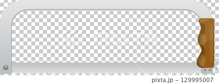 Close-up shot of a coping saw with a metal frame, toothed blade, and wooden handle against black. Close-up shot of a coping saw with a metal frame, toothed blade, and wooden handle against black. 129995007