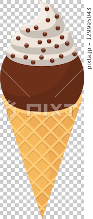 Illustration of a chocolate scoop ice cream cone with whipped cream and chocolate sprinkles. 129995043