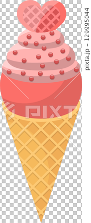 Cartoon ice cream cone with swirls of pink, red sprinkles, and a heart-shaped waffle decoration. Cartoon ice cream cone with swirls of pink, red sprinkles, and a heart-shaped waffle decoration. 129995044
