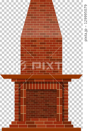 A tall brick fireplace with a mantel sits against a dark backdrop, simple design and no fire. 129995079