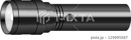 Sleek black flashlight with metallic accents, button, and reflector shining a white light 129995087