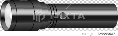 Sleek black flashlight with metallic accents, button, and reflector shining a white light 129995087